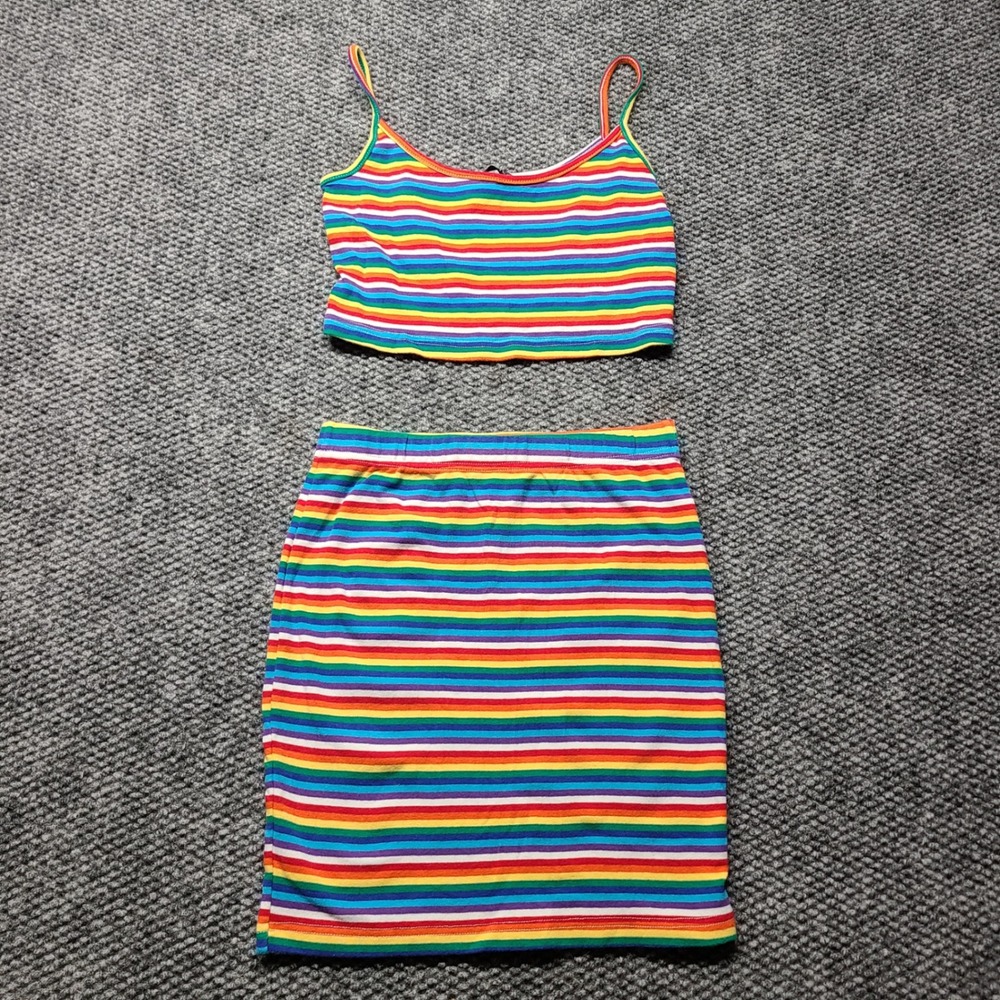 Rainbow Stripe 2 Piece Set Crop Cami Top and Mini Skirt XS Multi Color